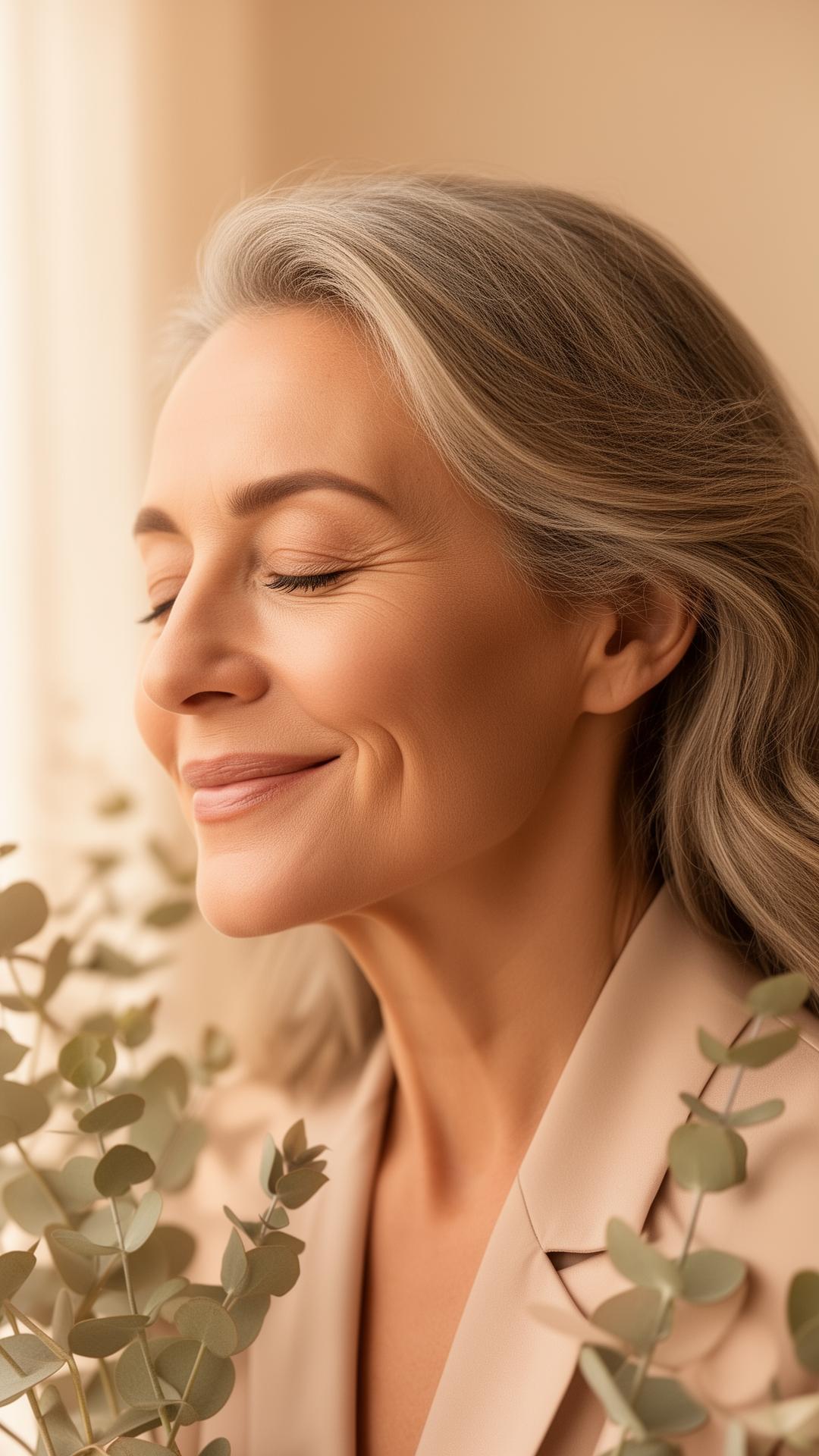 A serene midlife woman in soft morning light, eyes closed, surrounded by eucalyptus